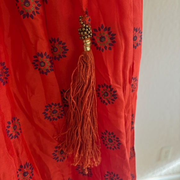 J Peterman Co Long Silk Full Boho Orange Artsy Design Skirt Tassel Tie 10 - Picture 4 of 5